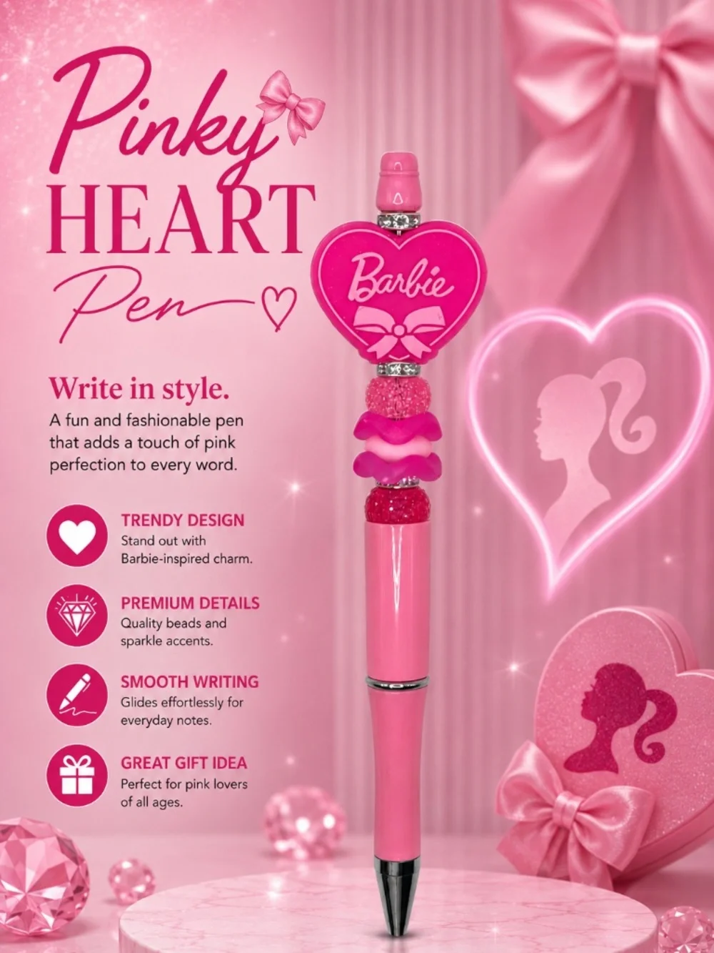 Pinky Heart Beaded Pen